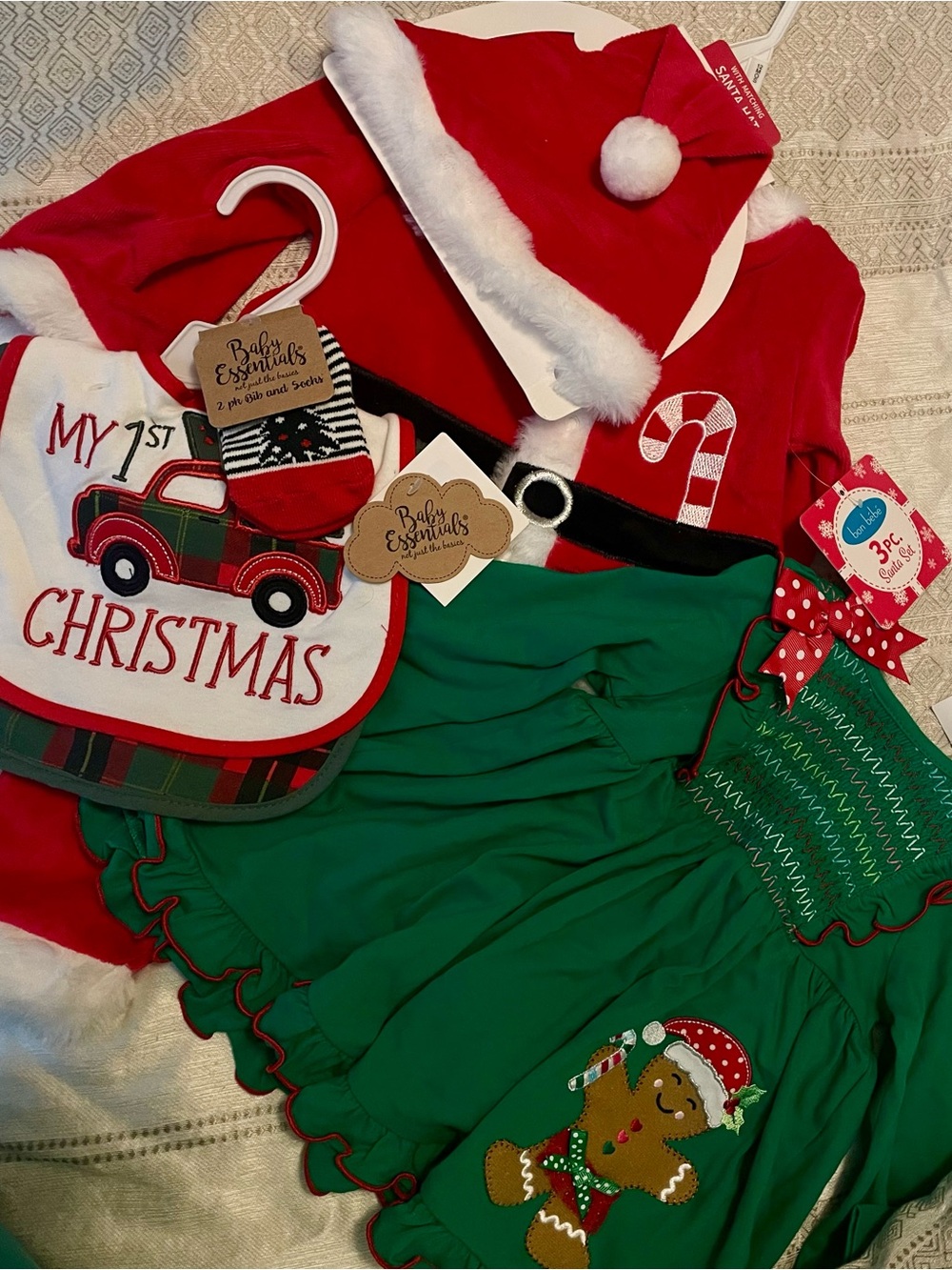 Santa Outfit Set, Green Gingerbread Dress and 1st Christmas bibs! 12 months